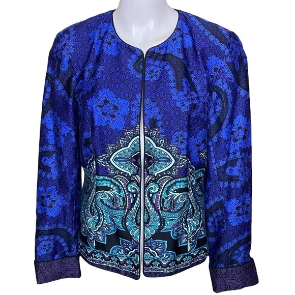 COLDWATER CREEK Blazer Symmetrical Paisley Floral Open Front Cotton Size 10 - Picture 1 of 8